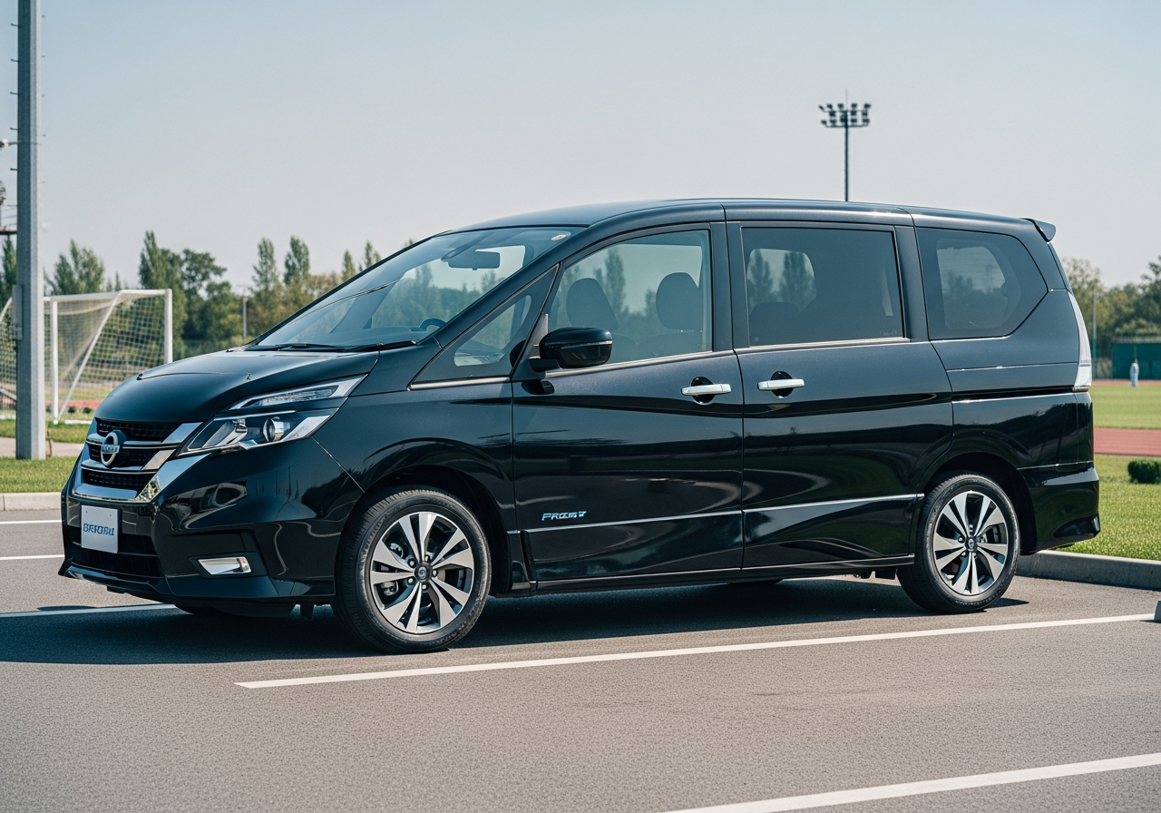 A white Nissan Serena e-POWER Highway Star V, an eight-seat hybrid people mover, parked at a scenic Australian rest stop.